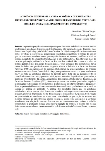 A vivência de estresse na vida acadêmica de estudantes trabalhadores e não trabalhadores de um curso de psicologia, do Sul de Santa Catarina: um estudo comparativo