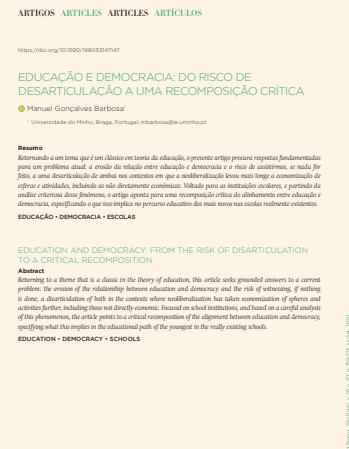 EDUCAÇÃO E DEMOCRACIA: DO RISCO DE DESARTICULAÇÃO A UMA RECOMPOSIÇÃO CRÍTICA