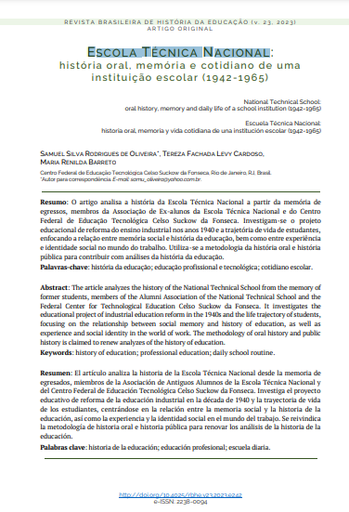 Escola Técnica Nacional: história oral, memória e cotidiano de uma instituição escolar (1942-1965)