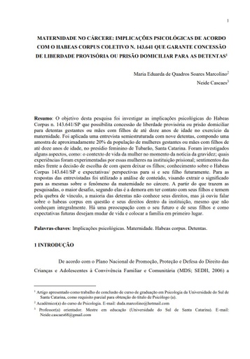 Maternidade no cárcere: implicações psicológicas de acordo com o habeas corpus coletivo n.143.641 que garante concessão de liberdade provisória ou prisão domiciliar para as detentas