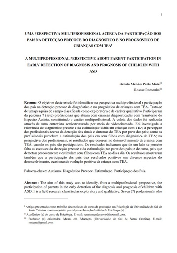 Uma perspectiva multiprofissional acerca da participação dos pais na detecção precoce do diagnóstico e no prognóstico de crianças com TEA