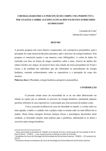 Cirurgia bariátrica e percepção de corpo: uma perspectiva psicanalítica sobre as expectativas dos pacientes submetidos ao processo