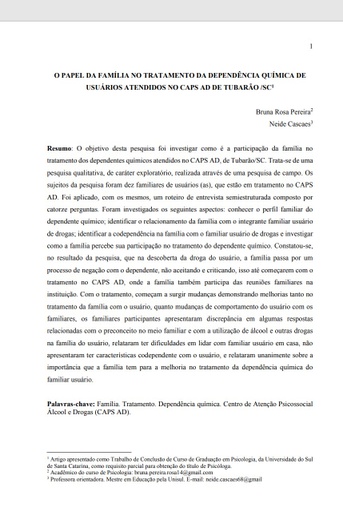 O papel da família no tratamento da dependência química de usuários atendidos no CAPS AD de Tubarão /SC