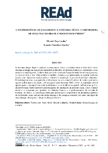 A INCONGRUÊNCIA DO TAYLORISMO À INDÚSTRIA TÊXTIL COMO SISTEMA DE MÁQUINAS NO BRASIL E NOS ESTADOS UNIDOS