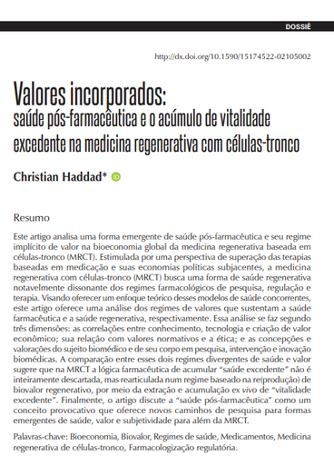 Valores incorporados: saúde pós-farmacêutica e o acúmulo de vitalidade excedente na medicina regenerativa com células-tronco