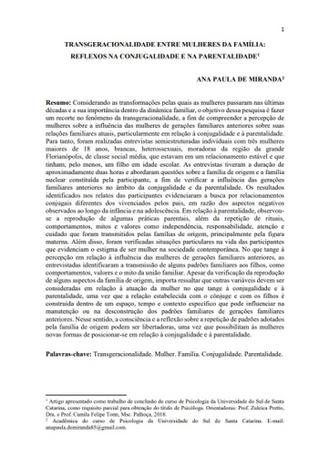 Transgeracionalidade entre mulheres da família: reflexos na conjugalidade e na parentalidade