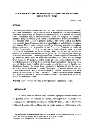 Qual a relação das práticas parentais de uma cuidadora e as habilidades sociais de uma criança