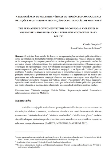 A Permanência de mulheres vítimas de violências conjugais nas relações abusivas: Representação social de Policiais Militares