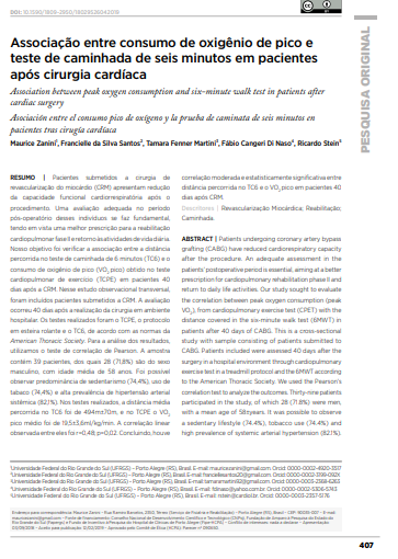 Associação entre consumo de oxigênio de pico e teste de caminhada de seis minutos em pacientes após cirurgia cardíaca