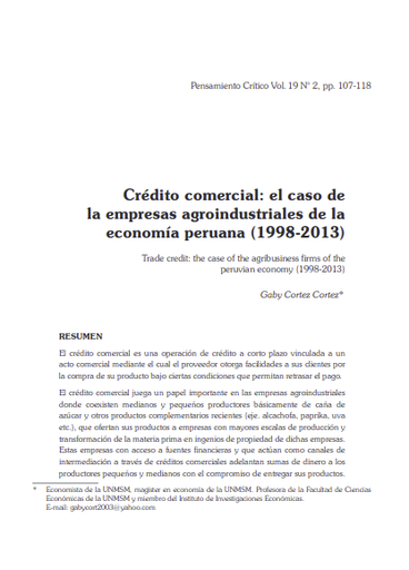 Crédito comercial: el caso de la empresas agroindustriales de la economía peruana (1998-2013)