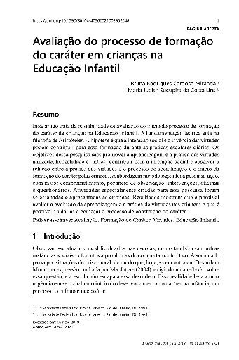 Avaliação do processo de formação do caráter em crianças na Educação Infantil