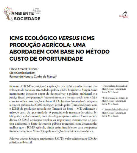 ICMS ECOLÓGICO VERSUS ICMS PRODUÇÃO AGRÍCOLA: UMA ABORDAGEM COM BASE NO MÉTODO CUSTO DE OPORTUNIDADE