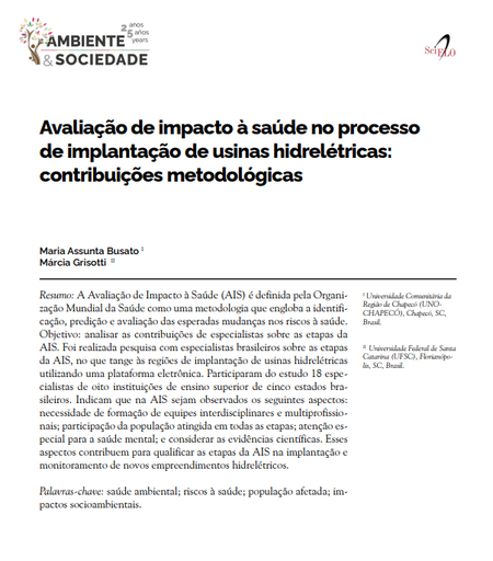 Avaliação de impacto à saúde no processo de implantação de usinas hidrelétricas: contribuições metodológicas