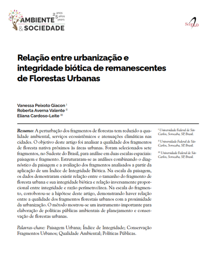 Relação entre urbanização e integridade biótica de remanescentes de Florestas Urbanas