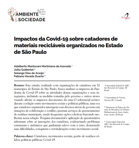 Impactos da Covid-19 sobre catadores de materiais recicláveis organizados no Estado de São Paulo