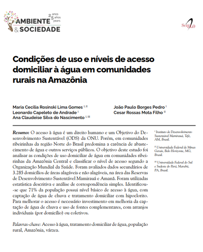 Condições de uso e níveis de acesso domiciliar à água em comunidades rurais na Amazônia