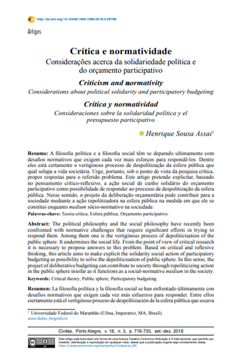 Crítica e normatividade: Considerações acerca da solidariedade política e do orçamento participativo