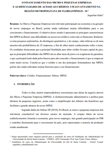 O financiamento das micro e pequenas empresas e as dificuldades de acesso ao crédito: um levantamento na região metropolitana de Florianópolis- SC