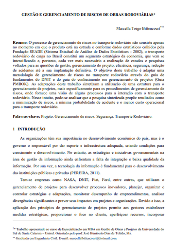 Gestão e gerenciamento de riscos de obras rodoviárias