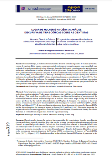 LUGAR DE MULHER É NA CIÊNCIA: ANÁLISE DISCURSIVA DE TIRAS CÔMICAS SOBRE AS CIENTISTAS