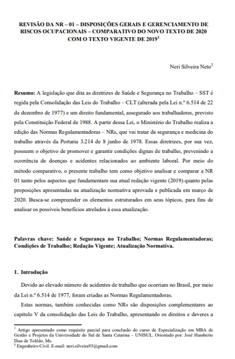 Revisão da NR – 01 – disposições gerais e gerenciamento de riscos ocupacionais – comparativo do novo texto de 2020 com o texto vigente de 2019