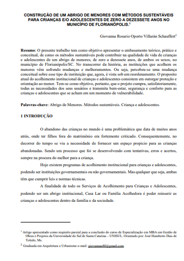 Construção de um abrigo de menores com métodos sustentáveis para crianças e/o adolescentes de zero a dezessete anos no município de Florianópolis