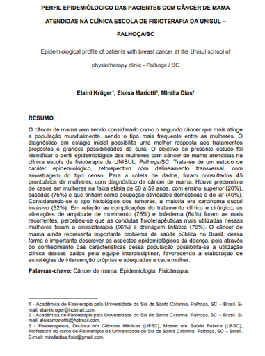 Perfil epidemiológico das pacientes com câncer de mama atendidas na clínica escola de fisioterapia da UNISUL - Palhoça/SC