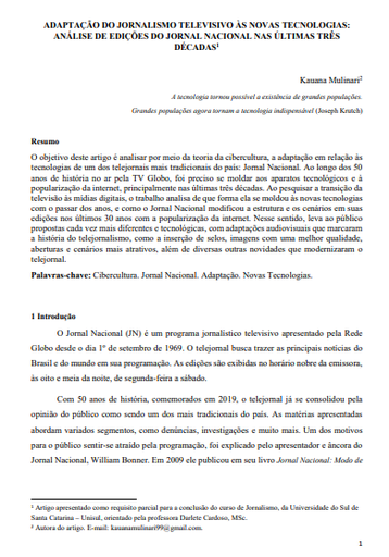 Adaptação do jornalismo televisivo às novas tecnologias: análise de edições do jornal nacional nas últimas três décadas