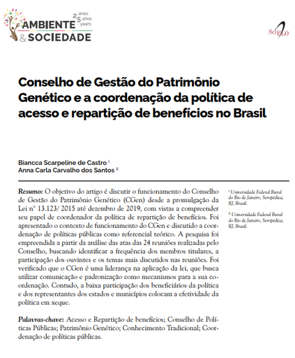 Conselho de Gestão do Patrimônio Genético e a coordenação da política de acesso e repartição de benefícios no Brasil