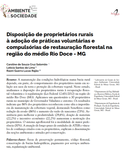 Disposição de proprietários rurais à adoção de práticas voluntárias e compulsórias de restauração florestal na região do médio Rio Doce - MG