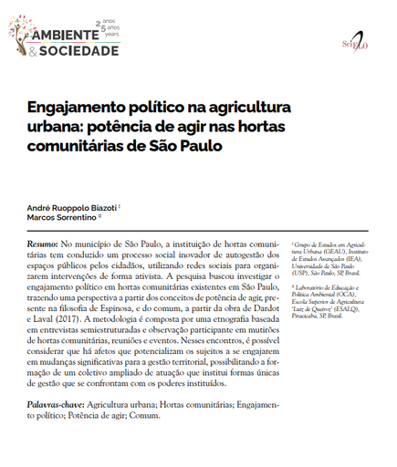 Engajamento político na agricultura urbana: potência de agir nas hortas comunitárias de São Paulo