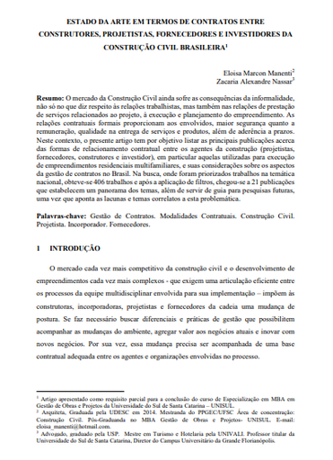 Estado da arte em termos de contratos entre construtores, projetistas, fornecedores e investidores da construção civil brasileira
