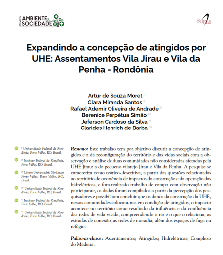 Expandindo a concepção de atingidos por UHE: Assentamentos Vila Jirau e Vila da Penha - Rondônia