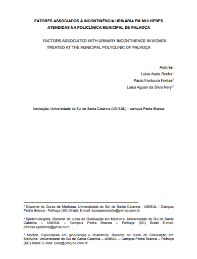 Fatores associados à incontinência urinária em mulheres atendidas na policlínica municipal de Palhoça