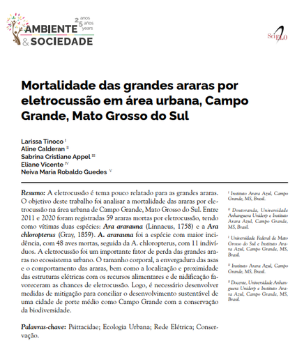 Mortalidade das grandes araras por eletrocussão em área urbana, Campo Grande, Mato Grosso do Sul