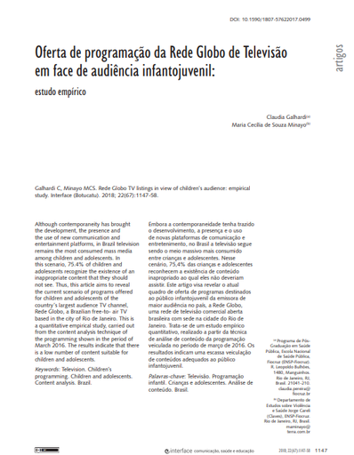 Oferta de programação da Rede Globo de Televisão em face de audiência infantojuvenil: estudo empírico