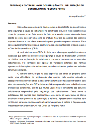 Segurança do trabalho na construção civil: implantação em construção de pequeno porte