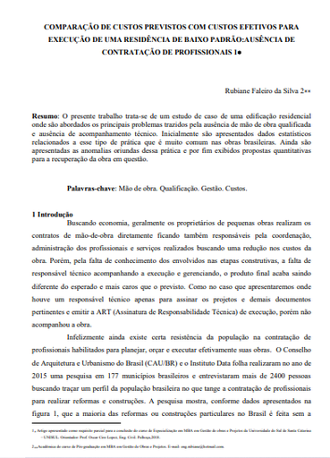 Comparação de custos previstos com custos efetivos para execução de uma residência de baixo padrão:ausência de contratação de profissionais