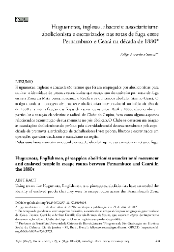 Huguenotes, ingleses, abacaxis: associativismo abolicionista e escravizados nas rotas de fuga entre Pernambuco e Ceará na década de 1880