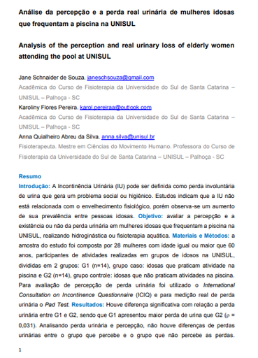 Análise da percepção e perda real urinaria de mulheres idosas que frequentam a piscina da Unisul