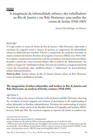 A imaginação da informalidade urbana e dos trabalhadores no Rio de Janeiro e em Belo Horizonte: uma análise dos censos de favelas (1948-1965)