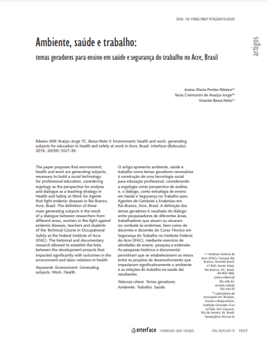 Ambiente, saúde e trabalho: temas geradores para ensino em saúde e segurança do trabalho no Acre, Brasil