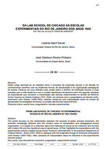 DA LAB SCHOOL DE CHICAGO ÀS ESCOLAS EXPERIMENTAIS DO RIO DE JANEIRO DOS ANOS 1930