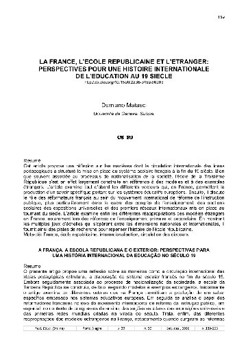 A FRANÇA, A ESCOLA REPUBLICANA E O EXTERIOR: PERSPECTIVAS PARA UMA HISTÓRIA INTERNACIONAL DA EDUCAÇÃO NO SÉCULO 19