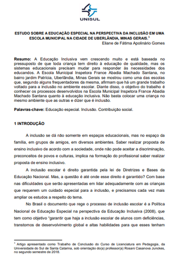 Estudo sobre a educação especial na perspectiva da inclusão em uma escola municipal da cidade de Uberlândia MG