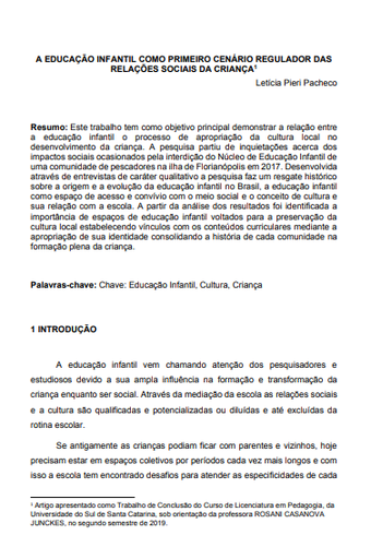 A Educação Infantil como primeiro cenário regulador das relações sociais da criança