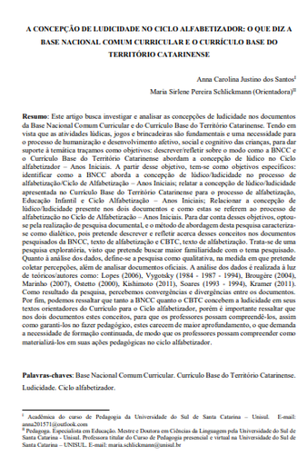 A concepção de ludicidade no ciclo alfabetizador: o que diz a base nacional comum curricular e o currículo base do território catarinense