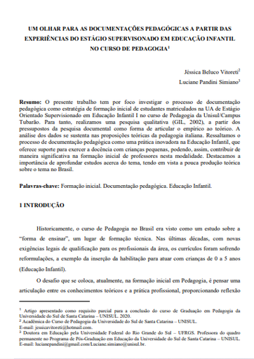 Um olhar para as documentações pedagógicas a partir das experiências do estágio supervisionado em educação infantil no curso de pedagogia