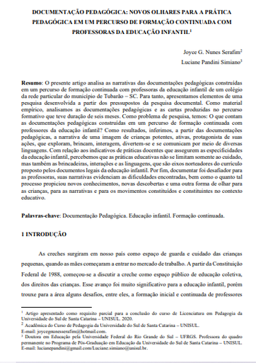 Documentação pedagógica: novos olhares para a prática pedagógica em um percurso de formação continuada com professoras da educação infantil