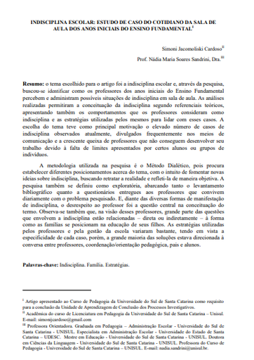 Indisciplina escolar: estudo de caso do cotidiano da sala de aula dos anos iniciais do ensino fundamental